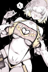 ! 1girl belly black_background blush breasts choker cleavage cleavage_cutout clothing_cutout cowboy_shot dutch_angle elegg_(boom_and_shock)_(nikke) elegg_(nikke) fang furrowed_brow game_controller_nipples_(meme) game_controller_print goddess_of_victory:_nikke hair_over_eyes haoni heart_cutout highres large_breasts long_bangs looking_down meme navel nipple_stimulation nipple_tweak nipple_tweak_through_clothes open_mouth partially_colored pov purple_eyes pussy_juice short_hair simple_background skindentation slingshot_swimsuit solo_focus spoken_exclamation_mark standing stomach surprised sweat swimsuit trembling yellow_slingshot_swimsuit