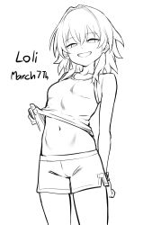 1girl absurdres aged_down alternate_costume bonz_(bonz0616) breasts cowboy_shot dolphin_shorts grin highres honkai:_star_rail honkai_(series) march_7th_(honkai:_star_rail) monochrome navel short_hair shorts simple_background small_breasts smile solo tank_top thigh_gap twitter white_background