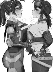 2girls ahoge blush breast_press breasts carrot_011 commentary cowboy_shot english_commentary eye_contact face-to-face fingerless_gloves gloves goggles goggles_on_head grace_howard greyscale hair_between_eyes highres large_breasts looking_at_another monochrome multiple_girls police police_uniform ponytail sidelocks simple_background sketch sweat sweatdrop white_background zenless_zone_zero zhu_yuan