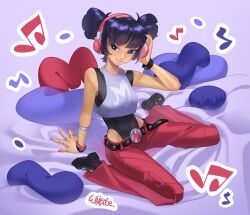 Rule 34 | 1girl, asian, bare shoulders, belt, belt buckle, black belt, black boots, black leotard, blue eyes, blue hair, blunt bangs, blunt ends, boots, bracelet, bright pupils, buckle, commentary, commission, crop top, denim, english commentary, eyeshadow, fishnet arm warmers, fishnets, full body, hand on headphones, headphones, highres, jeans, jewelry, leotard, leotard under clothes, lipstick, listening to music, looking at viewer, makeup, multiple bracelets, multiple rings, musa (winx club), musical note, nail polish, on bed, open mouth, pants, pink eyeshadow, pink lips, pink nails, red pants, ring, shirt, short hair, short twintails, sitting, sleeveless, sleeveless shirt, smile, solo, spiked bracelet, spikes, teeth, twintails, wariza, white arm warmers, white pupils, white shirt, wikate, winx club, winx club (reboot)