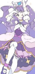 1girl aqua_eyes arm_up closed_mouth cure_majesty detached_sleeves dress ellee-chan flat_chest ginjiro_(ginjiroxx) gloves hair_ornament heart heart_print highres hirogaru_sky!_precure long_hair looking_at_viewer magical_girl mary_janes one_eye_closed precure purple_dress purple_hair purple_shoes shoes simple_background sleeveless sleeveless_dress smile solo thighhighs two_side_up very_long_hair wavy_hair white_background white_gloves white_thighhighs wing_hair_ornament