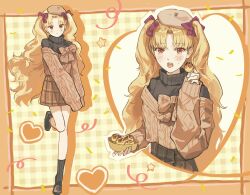 1girl alternate_costume black_shoes black_socks black_sweater blush bow brown_hat brown_skirt casual cherroppi closed_mouth commentary_request ereshkigal_(fate) fate/grand_order fate_(series) food hair_bow hat highres holding holding_food long_hair looking_at_viewer off_shoulder open_mouth parted_bangs plaid_clothes plaid_skirt red_bow red_eyes shoes skirt sleeves_past_fingers sleeves_past_wrists socks solo sweater turtleneck turtleneck_sweater two_side_up