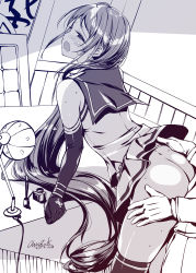 1girl admiral_(kancolle) ahoge ass ass_grab bad_id bad_pixiv_id bare_shoulders blush chair clothed_sex clothes_lift commentary_request dated desk desk_lamp dutch_angle elbow_gloves gloves half-closed_eyes highres indoors inkwell ink_pen kantai_collection kobayashi_chisato lamp leaning_forward lifting_another&#039;s_clothes long_hair monochrome nib_pen_(object) no_panties open_mouth pen sailor_collar samidare_(kancolle) sex shirt signature skirt skirt_lift sleeveless sleeveless_shirt solo_focus standing standing_sex sweat thighhighs very_long_hair