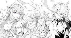 1boy 1girl absurdres alternate_form bare_shoulders bell breasts chinese_commentary commentary_request corset diamond-shaped_pupils diamond_(shape) elysia_(herrscher_of_human:_ego)_(honkai_impact) elysia_(honkai_impact) gloves hand_on_own_cheek hand_on_own_face highres holding_hands honkai:_star_rail honkai_(series) honkai_impact_3rd large_breasts long_hair male_focus partially_colored phainon_(honkai:_star_rail) purple_eyes symbol-shaped_pupils triquetra upper_body veil very_long_hair wy45030 yellow_eyes