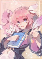 1girl absurdres blue_eyes book chinese_commentary coat commentary_request cyrene_(honkai:_star_rail) dress highres holding holding_book holding_quill honkai:_star_rail honkai_(series) medium_hair mem_(honkai:_star_rail) musical_note open_mouth pink_fur pink_hair pink_pupils purple_coat quill wantangmao white_dress