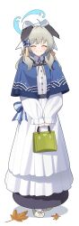 1girl absurdres alternate_costume animal_ears bag black_eyes blue_archive blue_capelet blue_halo blush bow brown_hair capelet closed_eyes commentary_request dog_ears dog_girl dress full_body hair_bow halo handbag highres holding holding_bag layered_dress long_hair long_sleeves looking_at_viewer patanda puffy_long_sleeves puffy_sleeves simple_background sleeves_past_wrists smile solo umika_(blue_archive) white_background white_bow white_dress