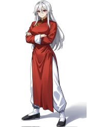 1girl changpao china_dress chinese_clothes crossed_arms dress fighting fighting_stance highres kokoro_no_koibito kung_fu long_hair looking_at_viewer martial_arts original red_dress red_eyes self-upload smile solo training white_background white_hair