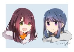 2girls absurdres blue_hair brown_hair closed_mouth fur_collar hair_between_eyes highres jacket long_hair looking_at_viewer multiple_girls open_mouth purple_eyes shima_rin smile toki_ayano yas_(yosiyasuyasu) yellow_eyes yurucamp zooming_in
