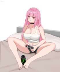1girl armpit_crease bare_legs barefoot black_nails black_shorts blunt_bangs blush breasts can collarbone commentary dolphin_shorts drink_can english_commentary feet full_body highres holding_with_feet hololive hololive_english huge_breasts knees_apart_feet_together legs long_hair looking_at_viewer midriff monster_energy mori_calliope nail_polish navel on_bed pink_hair red_eyes senpaisif short_shorts shorts sidelocks simulated_footjob sitting solo strap_slip tank_top thighs toenail_polish toenails toes very_long_hair virtual_youtuber white_tank_top