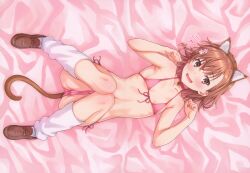 1girl absurdres animal_ears bikini blush breasts brown_eyes brown_hair cat_ears cat_tail embarrassed fake_animal_ears full_body highres isshi_pyuma loafers looking_at_viewer loose_socks lying misaka_mikoto on_back open_mouth paw_pose pink_bikini scan shoes short_hair side-tie_bikini_bottom small_breasts smile socks solo swimsuit tail toaru_kagaku_no_railgun toaru_majutsu_no_index wavy_mouth