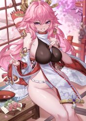 1girl absurdres animal_ears bare_shoulders blush breasts cherry_blossoms cup dango detached_sleeves earrings floppy_ears food fox_ears fox_girl fundoshi genshin_impact hair_between_eyes halo highres japanese_clothes jewelry large_breasts long_hair looking_at_viewer mz_(yeye_ai_chipao_mian) nontraditional_miko pelvic_curtain pink_eyes pink_hair purple_eyes sakazuki skewer smile solo thighs very_long_hair wagashi wide_sleeves yae_miko