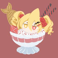 1girl bilibili_59731647 blonde_hair blush bowl chibi commentary_request cream curly_hair dessert flower food foodification gem glass_bowl hair_flower hair_ornament hairclip heterochromia hikimayu indie_virtual_youtuber kaofish pocky red_background red_eyes red_flower red_gemstone red_rose rose short_hair simple_background sprinkles star-shaped_pupils star_(symbol) sweets symbol-shaped_pupils taiyaki thick_eyebrows twintails wagashi yellow_eyes
