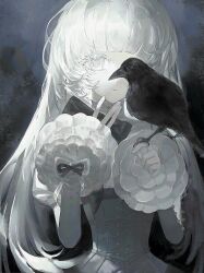 Rule 34 | 1girl, absurdres, bai li zi gou, bird, bird on hand, blunt bangs, closed mouth, colored skin, commission, crow, dress, expressionless, frilled sleeves, frills, hands up, highres, long hair, long sleeves, looking at viewer, monochrome, one eye covered, original, solo, upper body, white dress, white eyes, white hair, white skin