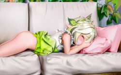 1girl ass bare_legs barefoot blush bottomless closed_eyes couch covered_mouth covering_own_mouth cushion dress female_focus from_side genshin_impact gradient_clothes gradient_dress gradient_hair green_dress green_hair hair_ornament highres ivy leaf_hair_ornament legs loli long_hair lying multicolored_hair nahida_(genshin_impact) on_couch on_stomach plant pointy_ears sleeveless sleeveless_dress solo sweetonedollar white_dress