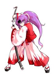 Rule 34 | 1girl, alphes (style), closed mouth, commentary request, curtained hair, dairi, flame print, full body, gloom (expression), hair ribbon, hakama, hakama pants, high ponytail, highres, holding, holding sheath, holding sword, holding weapon, japanese clothes, katana, large variant set, legs apart, long hair, long sleeves, looking at viewer, meira (touhou), okobo, pants, parody, platform sandals, ponytail, print pants, print sleeves, purple eyes, purple hair, red vest, ribbon, sandals, serious, sheath, simple background, socks, solo, standing, style parody, sword, tabi, tachi-e, touhou, touhou (pc-98), transparent background, unsheathing, variant set, very long hair, vest, weapon, white hakama, white pants, white ribbon, white socks, wide sleeves