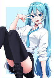 Rule 34 | 1girl, blue background, blue eyes, blue hair, breasts, hatsune miku, long hair, medium breasts, necktie, open mouth, saixillust, shirt, skirt, smile, t-shirt, thighhighs, twintails, v, vocaloid