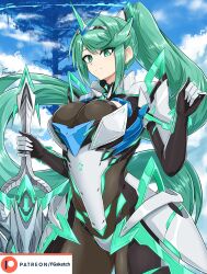 1girl aegis_sword_(xenoblade) armor armored_bodysuit breasts chest_jewel cleavage closed_mouth core_crystal_(xenoblade) earrings fgsketch gem gloves green_eyes green_hair hair_ornament headpiece highres jewelry large_breasts long_hair looking_at_viewer neon_trim pneuma_(xenoblade) ponytail smile solo swept_bangs tiara very_long_hair xenoblade_chronicles_(series) xenoblade_chronicles_2