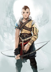 1boy artist_name artist_request atreus blue_eyes bow_(weapon) brown_hair closed_mouth commentary facial_mark god_of_war holding looking_at_viewer male_focus muscular muscular_male outdoors slingshot_(weapon) snake solo_focus weapon