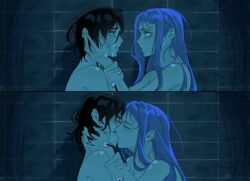 Rule 34 | 2girls, alien stage, black eyes, black hair, closed eyes, commentary, dionsur, hand on another&#039;s face, hashtag-only commentary, highres, kiss, long hair, mizi (alien stage), multiple girls, pink hair, short hair, sua (alien stage), tears, yellow eyes, yuri