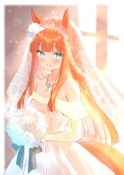 1girl absurdres alternate_costume animal_ears bare_shoulders blue_eyes blunt_bangs blush bouquet bridal_veil chickenbstrip dress flower hair_flower hair_ornament highres holding holding_bouquet horse_ears horse_girl horse_tail jewelry long_hair looking_at_viewer necklace off-shoulder_dress off_shoulder open_mouth orange_hair sidelocks silence_suzuka_(umamusume) solo tail umamusume veil wedding_dress white_dress white_flower