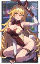 1girl absurdres animal_ear_hairband animal_ears armpits bare_shoulders blonde_hair border breasts brown_gloves brown_hairband brown_leotard brown_shoes cleavage commission covered_navel crossed_bangs detached_sleeves fake_animal_ears fake_tail fingerless_gloves full_body gloves hair_between_eyes hair_flaps hairband hand_up highleg highleg_leotard highres holster large_breasts leotard long_hair looking_at_viewer open_mouth original pink_nails playboy_bunny rabbit_tail second-party_source shoes skeb_commission smile socks solo strapless strapless_leotard tail thigh_holster trente very_long_hair white_border white_sleeves white_socks yellow_eyes