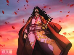 1boy absurdres artist_name black_hair clenched_hand falling_petals highres holding holding_sword holding_weapon japanese_clothes katana kouzuki_momonosuke long_hair majkan male_focus moon_(symbol) one_piece open_mouth petals signature solo sword weapon