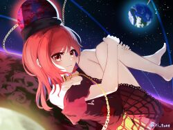 1girl bare_shoulders barefoot black_shirt chain choker closed_mouth clothes_writing collarbone commission earth_(ornament) hat hecatia_lapislazuli highres hugging_own_legs legacy_of_lunatic_kingdom long_hair moon_(ornament) multicolored_skirt off-shoulder_shirt off_shoulder red_eyes red_hair ritu_(ri_tu49) shirt short_sleeves skeb_commission skirt sky smile solo star_(sky) starry_sky t-shirt touhou twitter_username underworld_(ornament)