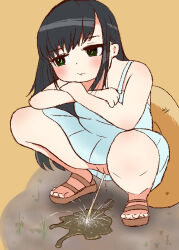 1girl beach black_hair blue_dress blush breasts brown_hat brown_sandals crossed_arms dress grass green_eyes hat head_rest long_hair looking_down no_panties original peeing pout puddle pussy sand sandals sleeveless sleeveless_dress small_breasts spread_legs squatting straw_hat sun_hat tenran_(77608006)