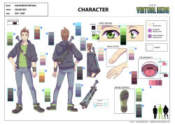 1boy bandaged_hand bandages black_footwear black_jacket blue_pants brown_hair reference_sheet color_guide concept_art denim english_text green_eyes green_shirt hand_on_own_hip huge_weapon jacket jeans lolita_aldea long_sleeves looking_at_viewer official_art pants rubius shirt smile solo sword virtual_hero weapon weapon_on_back