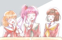 3girls :d ^_^ aqua_neckerchief blush bob_cut breasts brown_dress cerise_bouquet closed_eyes commentary desk dress flower flower_knot hair_bun hair_flower hair_ornament hand_on_own_chin hasu_no_sora_school_uniform highres hinoshita_kaho link!_like!_love_live! long_hair long_sleeves love_live! medium_breasts medium_hair momose_ginko multiple_girls neckerchief open_mouth orange_hair otomune_kozue purple_hair red_flower red_neckerchief renwo. sailor_collar sailor_dress school_desk school_uniform short_hair side_ponytail sidelocks single_side_bun sitting smile upper_body virtual_youtuber white_background white_flower white_sailor_collar winter_uniform yellow_neckerchief