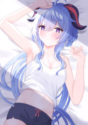 1girl absurdres ahoge aqua_hair arm_up armpits black_shorts blush breasts camisole cleavage closed_mouth collarbone ganyu_(genshin_impact) genshin_impact goat_horns hair_between_eyes highres horns long_hair lying medium_breasts midriff navel on_back on_bed pink_eyes qma_g0 short_shorts shorts solo stomach white_camisole