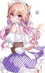 1girl animal_ears back_bow bare_shoulders blush bow braid cat_ears cat_girl cat_tail choker clothing_cutout commentary_request cowboy_shot double-parted_bangs fang frilled_skirt frills from_behind garter_straps hair_between_eyes hair_flaps hands_up highres holding idolmaster idolmaster_cinderella_girls long_hair looking_at_viewer looking_back maid_headdress multicolored_hair ninomiya_asuka nuno_kire open_mouth orange_hair orange_tail pink_eyes pink_hair plaid_choker plaid_clothes plaid_skirt puffy_short_sleeves puffy_sleeves purple_choker purple_skirt shirt short_sleeves simple_background single_braid skirt solo standing tail tail_through_clothes tongue two-tone_hair white_background white_bow white_headdress white_shirt