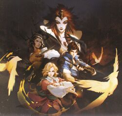 1boy 3girls annette_(castlevania) bird blue_coat brown_gloves brown_hair castlevania:_nocturne castlevania_(series) coat dagger dark-skinned_female dark_skin erzsebet_bathory fingerless_gloves gloves headband highres knife magic maria_renard multiple_girls pale_skin pink_shirt puffy_sleeves red_eyes red_hair richter_belmont roannaperoz shirt weapon whip white_headband