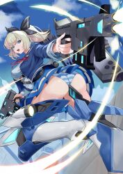 1girl absurdres armored_boots ass black_bow black_ribbon blonde_hair blue_eyes blue_jacket blue_panties blue_skirt blue_sky boots bow breasts cloud dual_wielding firing gun hair_bow hair_ribbon highres holding holding_gun holding_weapon jacket kaze_(starward) large_breasts long_sleeves looking_at_viewer looking_back mecha_musume mechanical_legs medium_breasts miniskirt neck_ribbon open_mouth panties pantyshot pleated_skirt ponytail red_ribbon ribbon school_uniform shirt skirt sky solo starward striped_clothes striped_panties teeth underwear upper_teeth_only user_jmtm3733 weapon white_shirt