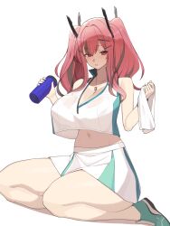 1girl absurdres azur_lane blush breasts bremerton_(azur_lane) bremerton_(scorching-hot_training)_(azur_lane) cleavage crop_top crop_top_overhang grey_streaks hair_ornament highres holding holding_towel holding_tumbler kurowanjjyang large_breasts looking_at_viewer multicolored_hair navel official_alternate_costume pink_eyes pink_hair shirt simple_background skirt solo sportswear streaked_hair sweat tennis_uniform thick_thighs thighs towel twintails two-tone_shirt two-tone_skirt white_background white_shirt white_skirt x_hair_ornament