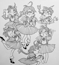 1girl ahiru_(princess_tutu) ahoge braid commentary dress english_commentary greyscale hands_up highres juliet_sleeves long_sleeves monochrome multiple_views o3o open_mouth princess_tutu puffy_sleeves samipeko sweat