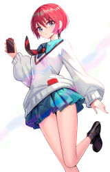 1girl amate_yuzuriha black_boots blue_eyes blue_shirt blue_skirt boots cellphone closed_mouth collared_shirt commentary diagonal-striped_clothes diagonal-striped_necktie grey_socks gundam gundam_gquuuuuux hair_between_eyes highres holding holding_phone long_sleeves looking_at_viewer necktie phone pleated_skirt puffy_long_sleeves puffy_sleeves red_eyes ririko_(zhuoyandesailaer) shirt short_hair simple_background skirt socks solo standing standing_on_one_leg striped_clothes sweater white_background white_sweater