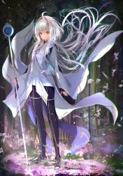 1girl ahoge black_gloves black_pants breasts fate/grand_order fate/prototype fate_(series) fingerless_gloves forest full_body gloves highres holding holding_staff kayjae legs long_hair long_sleeves looking_at_viewer medium_breasts merlin_(fate/prototype) merlin_(fate/prototype)_(second_ascension) nature pants purple_eyes robe staff very_long_hair white_hair white_robe wide_sleeves