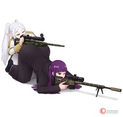 2girls aiming ass dismaiden dress elf fern_(sousou_no_frieren) frieren green_eyes gun long_hair multiple_girls one_eye_closed pointy_ears purple_eyes purple_hair rifle sniper_rifle sousou_no_frieren top-down_bottom-up twintails weapon white_hair