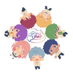 :d akashi_seijuurou aomine_daiki bag_of_chips blonde_hair blue_eyes blue_hair blue_pants blush_stickers cardigan chibi chibi_only chips_(food) closed_eyes closed_mouth covering_own_mouth eating food frog green_eyes green_hair hair_between_eyes hand_to_own_mouth howakama kise_ryouta kuroko_no_basuke kuroko_tetsuya long_sleeves midorima_shintarou momoi_satsuki murasakibara_atsushi one_eye_closed open_mouth own_hands_together pants pink_eyes pink_hair purple_eyes purple_hair red_hair school_uniform simple_background smile star_(symbol) stuffed_toy translation_request v white_background white_cardigan yellow_eyes
