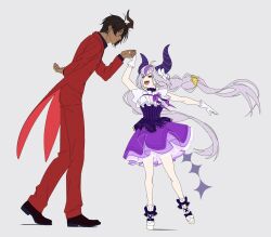 1boy 1girl :d ahoge aragami_oga arm_behind_back black_bow black_hair black_shirt black_shoes bow braid closed_mouth dancing dark-skinned_male dark_skin demon_girl demon_horns dress earrings eye_contact fang flower footwear_bow formal_clothes full_body gloves green_eyes grey_background hair_between_eyes hair_bow hair_flower hair_ornament hand_up height_difference highres holding_hands hololive holostars horns jacket jewelry kainocan la+_darknesss long_hair long_sleeves looking_at_another looking_to_the_side multicolored_dress multicolored_hair open_mouth outstretched_arm pants pinstripe_dress pinstripe_pattern platform_shoes pointy_ears purple_dress purple_hair purple_ribbon red_jacket red_pants red_suit ribbon shirt shoes short_hair short_sleeves simple_background single_horn smile standing standing_on_one_leg streaked_hair striped_horns suit tail tailcoat twin_braids v-shaped_eyebrows very_long_hair virtual_youtuber white_bow white_gloves white_shoes yellow_eyes yellow_flower