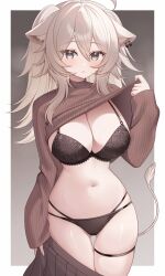 1girl absurdres ahoge alternate_costume animal_ear_fluff animal_ear_piercing animal_ears black_bra black_panties border bra breasts cleavage closed_mouth clothes_lift clothes_pull cowboy_shot demcheg double-parted_bangs grey_background grey_eyes grey_hair grey_skirt grey_sweater hair_between_eyes hand_up highres hololive lace lace-trimmed_bra lace_trim large_breasts lion_ears lion_tail long_hair long_sleeves looking_at_viewer messy_hair multi-strapped_panties navel panties pleated_skirt ribbed_sweater shishiro_botan sidelocks simple_background skirt skirt_pull solo stomach sweater sweater_lift tail thigh_gap thigh_strap turtleneck turtleneck_sweater two_side_up underwear virtual_youtuber white_border