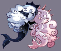 2girls bat_wings black_eyeshadow black_gloves black_pearl_cookie blue_eyes blue_hair colored_eyelashes colored_skin commentary cookie_run crown curly_hair curvy dbrs dual_persona eyeshadow female_focus fins fish_tail forehead_jewel full_body furrowed_brow gem glitter gloves grey_background grey_skin hand_under_chin hands_on_own_chest highres light_blue_hair long_glove long_sleeves looking_at_another makeup mermaid monster_girl multiple_girls parted_bangs parted_lips pearl_(gemstone) pearls pink_eyes pink_hair pink_skin puffy_long_sleeves puffy_sleeves seashell shell shell_print simple_background slit_pupils smile sparkle sweatdrop tagme tail translucent translucent_dress white_eyelashes white_hair white_pearl_cookie wings