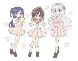 3girls antenna_hair beret black_eyes black_hair blue_hair blunt_bangs blush_stickers braid braided_hair_rings brown_eyes brown_footwear collared_shirt curtained_hair doll dot_nose flat_chest forehead full_body grey_hair hair_ribbon hair_rings hat heart highres holding holding_doll hugging_doll hugging_object idolmaster idolmaster_(classic) idolmaster_million_live! idolmaster_million_live!_theater_days kikuchi_makoto kisaragi_chihaya loafers long_hair looking_at_viewer multiple_girls neck_ribbon open_mouth parted_bangs parted_lips pink_skirt plaid_clothes plaid_collar plaid_skirt pleated_skirt pnt_0202 purple_eyes red_ribbon ribbon shijou_takane shirt shoes short_hair short_sleeves sidelocks simple_background skirt socks standing stuffed_animal stuffed_dog stuffed_rabbit stuffed_toy teddy_bear two_side_up very_long_hair wavy_hair white_background white_shirt white_socks