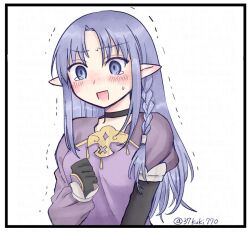 1girl 37kuki770 artist_name asymmetrical_gloves asymmetrical_sleeves black_border black_choker black_gloves blue_eyes blue_hair blush border braid breasts chinese_commentary choker clenched_hand commentary_request curtained_hair dress elbow_gloves embarrassed fate/grand_order fate/stay_night fate_(series) gloves hair_tubes hand_on_own_chest long_hair long_sleeves medea_(caster)_(fate) medea_(fate) medium_breasts mixed-language_commentary open_mouth parted_bangs pointy_ears puffy_sleeves purple_dress shaking short_sleeves side_braid simple_background single_braid single_elbow_glove single_hair_tube small_sweatdrop solo tearing_up uneven_gloves upper_body white_background white_border
