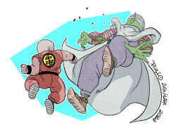 Rule 34 | 2boys, bald, bald male, cape, colored skin, dragon ball, dragon ball (classic), fighting, flying, green skin, kuririn, martial arts, multiple boys, muscular, muscular male, piccolo, pointy ears, punching