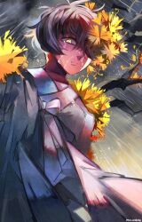 1boy absurdres black_hair cloud cloudy_sky commission crying crying_with_eyes_open e.g.o_(project_moon) flower flower_over_eye hanbok highres korean_clothes limbus_company male_focus mochiboni project_moon rain sky solo spicebush_(e.g.o) streaming_tears tears white_hanbok yellow_eyes yellow_flower yi_sang_(project_moon)