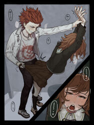 2boys black_pants black_ribbon black_socks blue_eyes blush brown_eyes brown_hair brown_skirt chain chain_necklace commission crossdressing danganronpa:_trigger_happy_havoc danganronpa_(series) dry_humping earclip earrings facial_hair fujisaki_chihiro goatee green_jacket grin heavy_breathing highres holding_another&#039;s_wrist humping jacket jewelry kneehighs kuwata_leon male_focus minominoks multiple_boys necklace open_clothes open_jacket open_mouth orange_hair pants print_shirt ribbon ring saliva shirt shoes short_hair skirt smile socks standing sweat teeth tiptoes toilet toilet_stall trap white_jacket white_shirt white_shoes yaoi