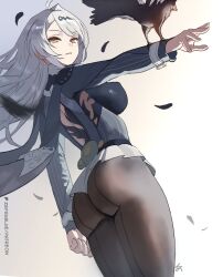 1girl animal_on_arm artist_name ass back_cutout bird bird_on_arm breasts clothing_cutout commentary falling_feathers feathers floating_hair from_behind grey_hair hair_ornament highres large_breasts long_hair long_sleeves looking_at_viewer looking_back microskirt outstretched_arm pantyhose parted_bangs parted_lips patreon_username skirt white_skirt yellow_eyes yixuan_(trails_of_ink)_(zenless_zone_zero) yixuan_(zenless_zone_zero) zefrableu zenless_zone_zero