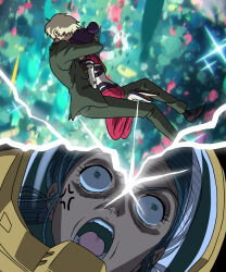 1boy 2girls amate_yuzuriha anger_vein beanie black_hair blonde_hair char_aznable commentary_request formal_clothes green_pants green_suit gundam gundam_gquuuuuux hat highres hug lalah_sune mecha_pilot_suit multiple_girls newtype_flash open_mouth pants s_h_a_m_o shirouzu_(gundam) short_hair shouting suit twintails